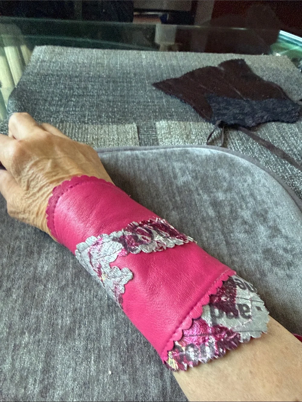 Pink Leather Wrist Cuff Glove with Silver Floral Accent